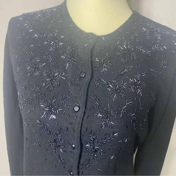 Vintage Kathie Lee Collection Black Beaded Knit Button Front Cardigan Size Small - Picture 13 of 16